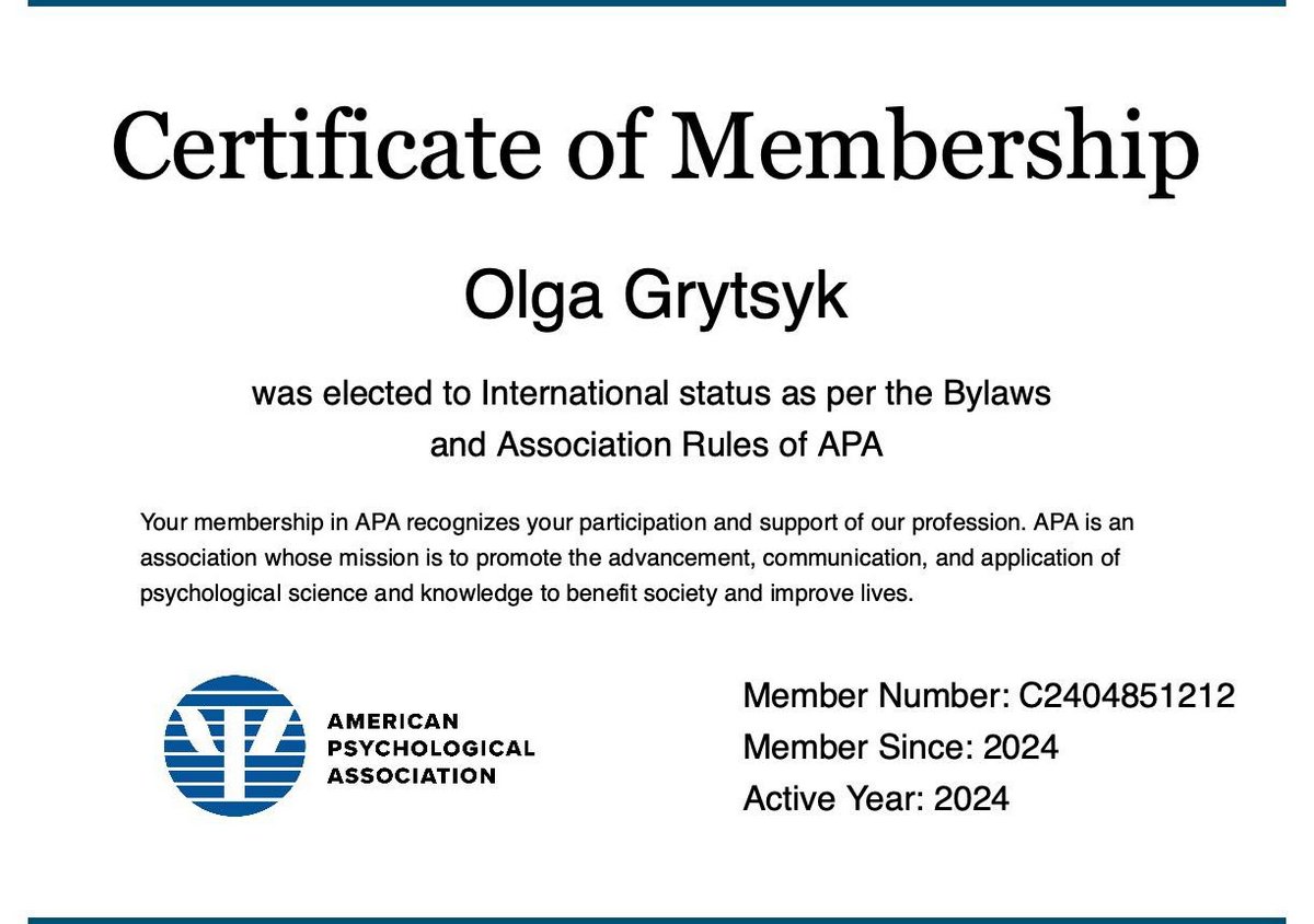 Ольга Грицик, сертифікат